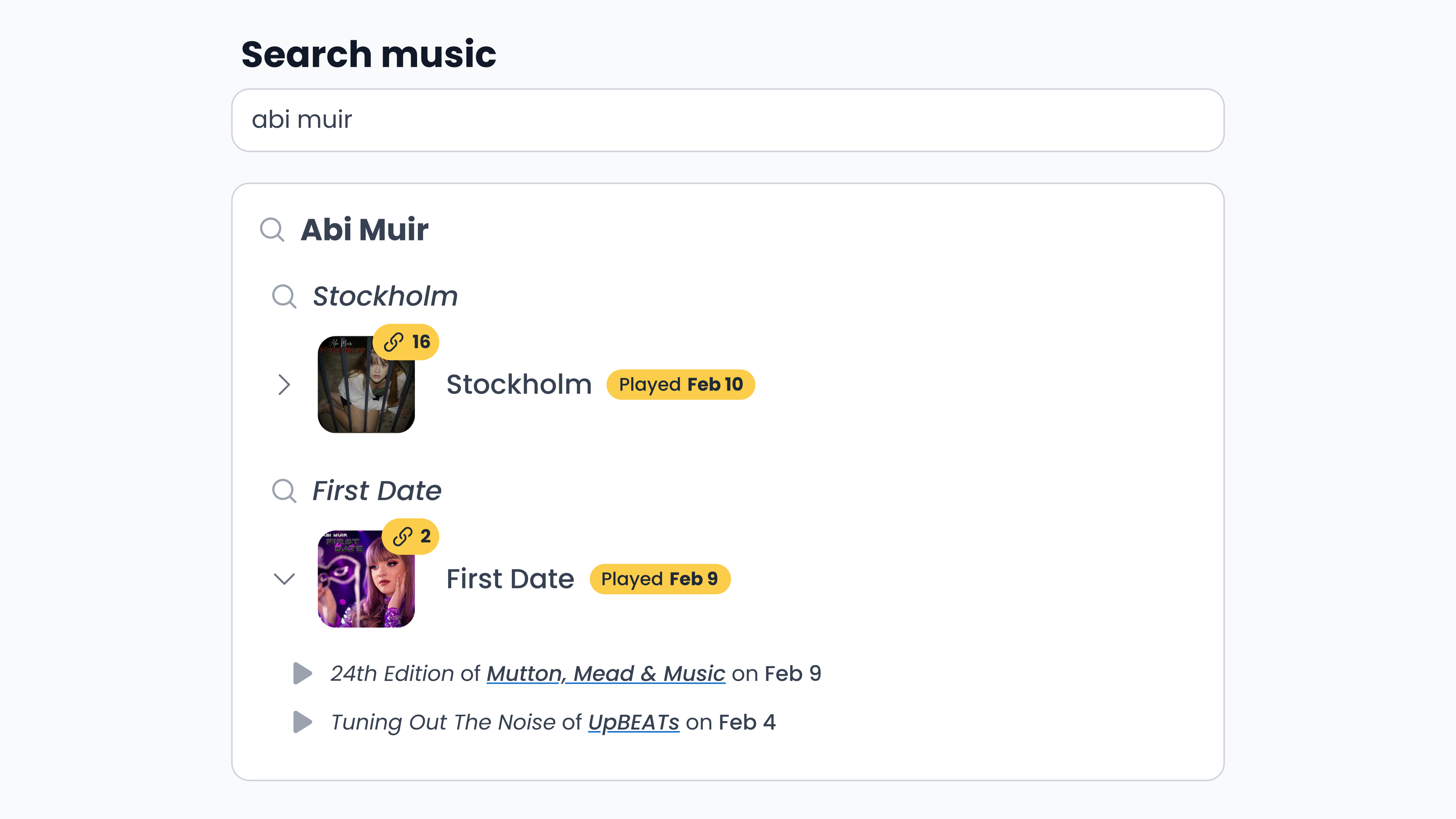 Screenshot of RSS Blue Cupid interface for searching music tracks that have been featured on podcasts.