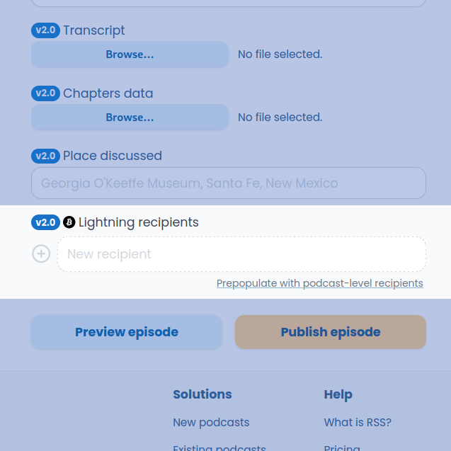 Screenshot of RSS Blue's interface for entering value recipients.